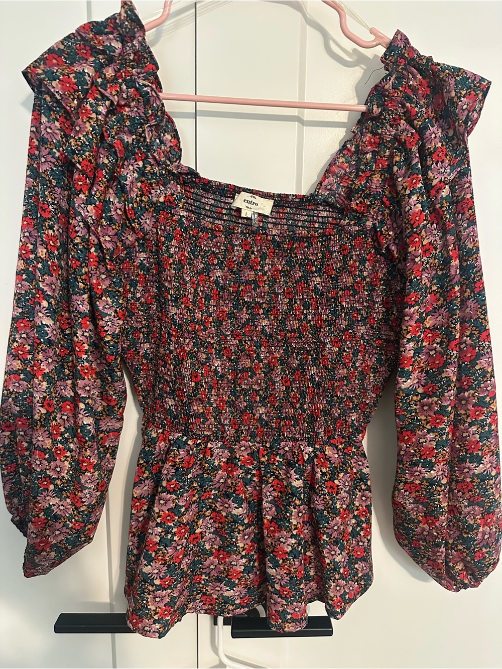 entro Floral Smocked Peplum Top in Red, Pink, Green